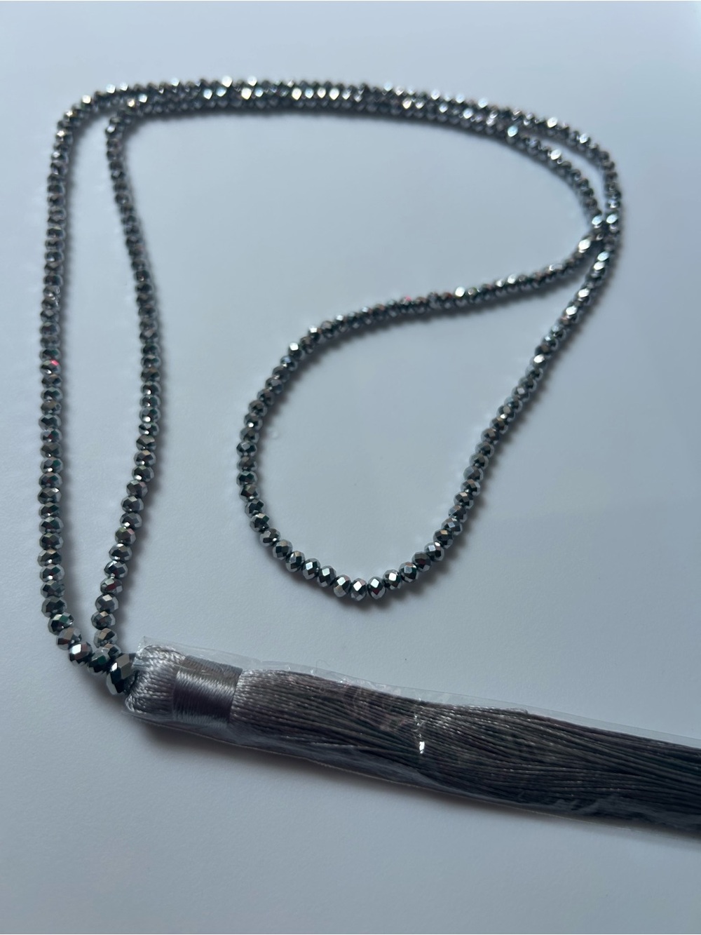 Gunmetal Beaded Long Necklace with Grey Silk Tassel Pendant - Picture 3 of 7